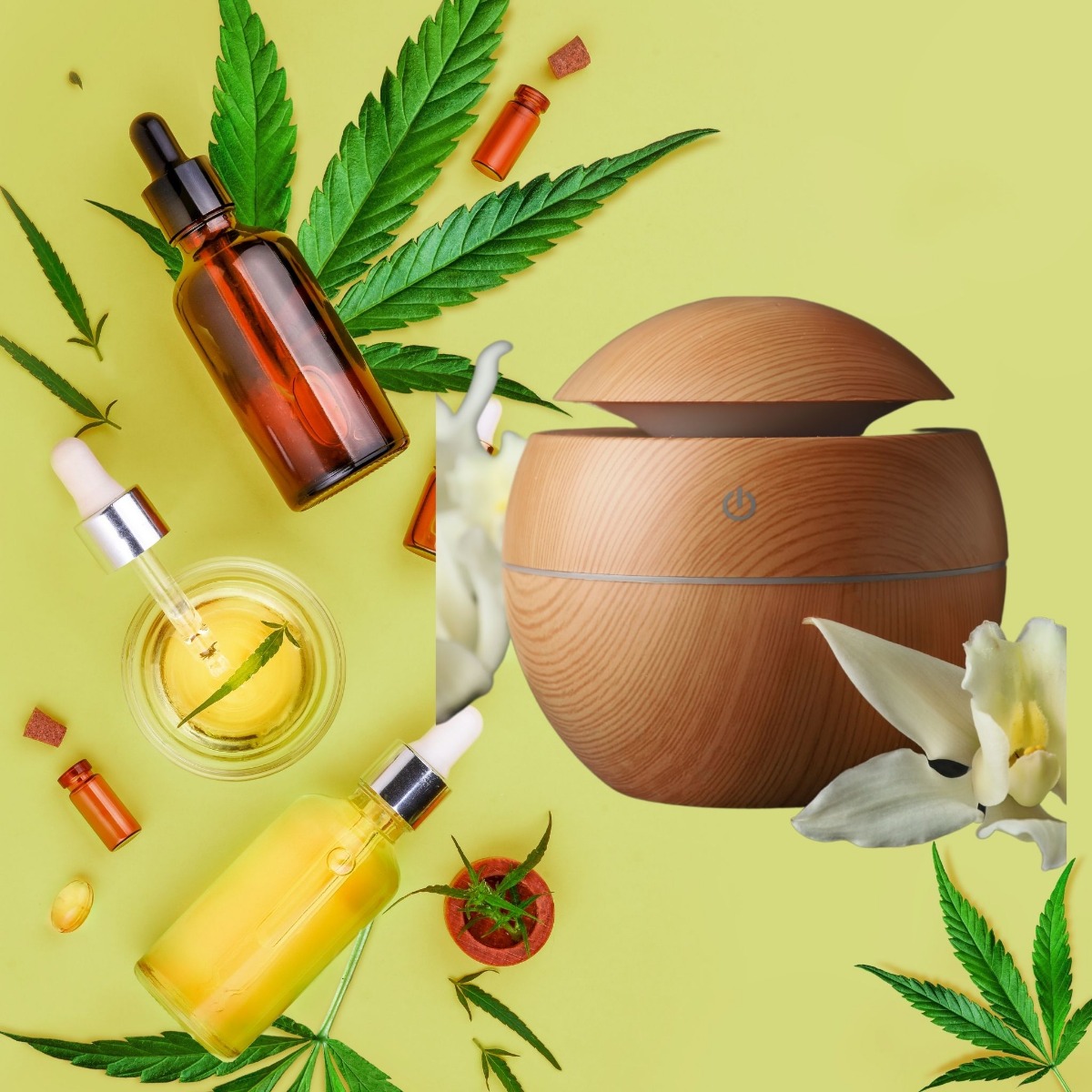 CBD Terpenes in an air diffuser with green background