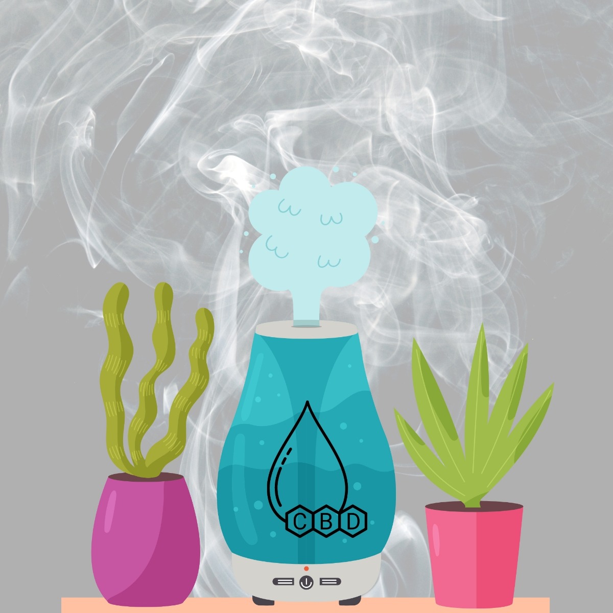 CBD labeled blue air diffuser with smoke behind it 