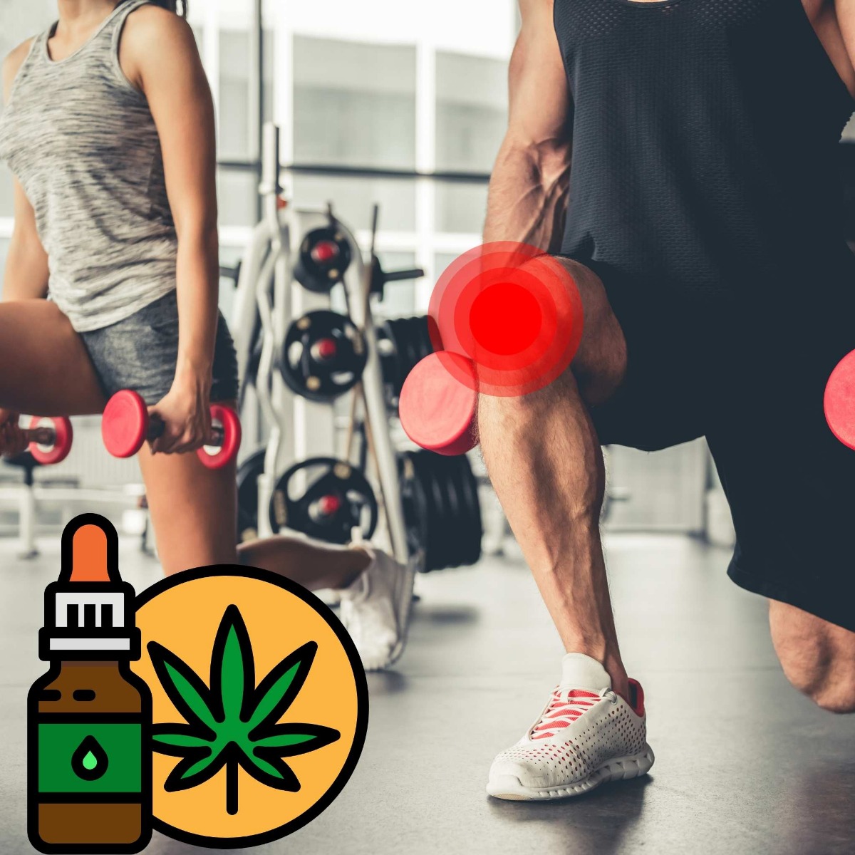 man and woman working out showing painful knee with cbd tincture in the corner 