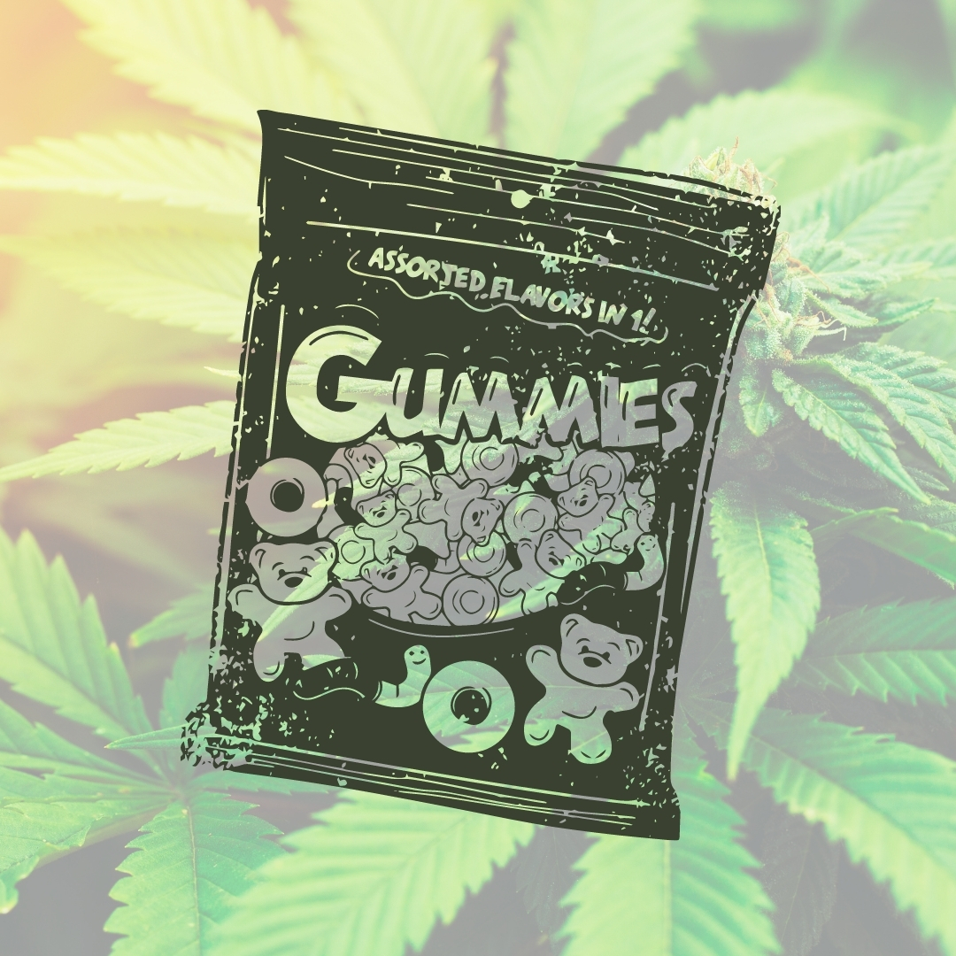 Green gummy bear bag with thc leaves in the background 