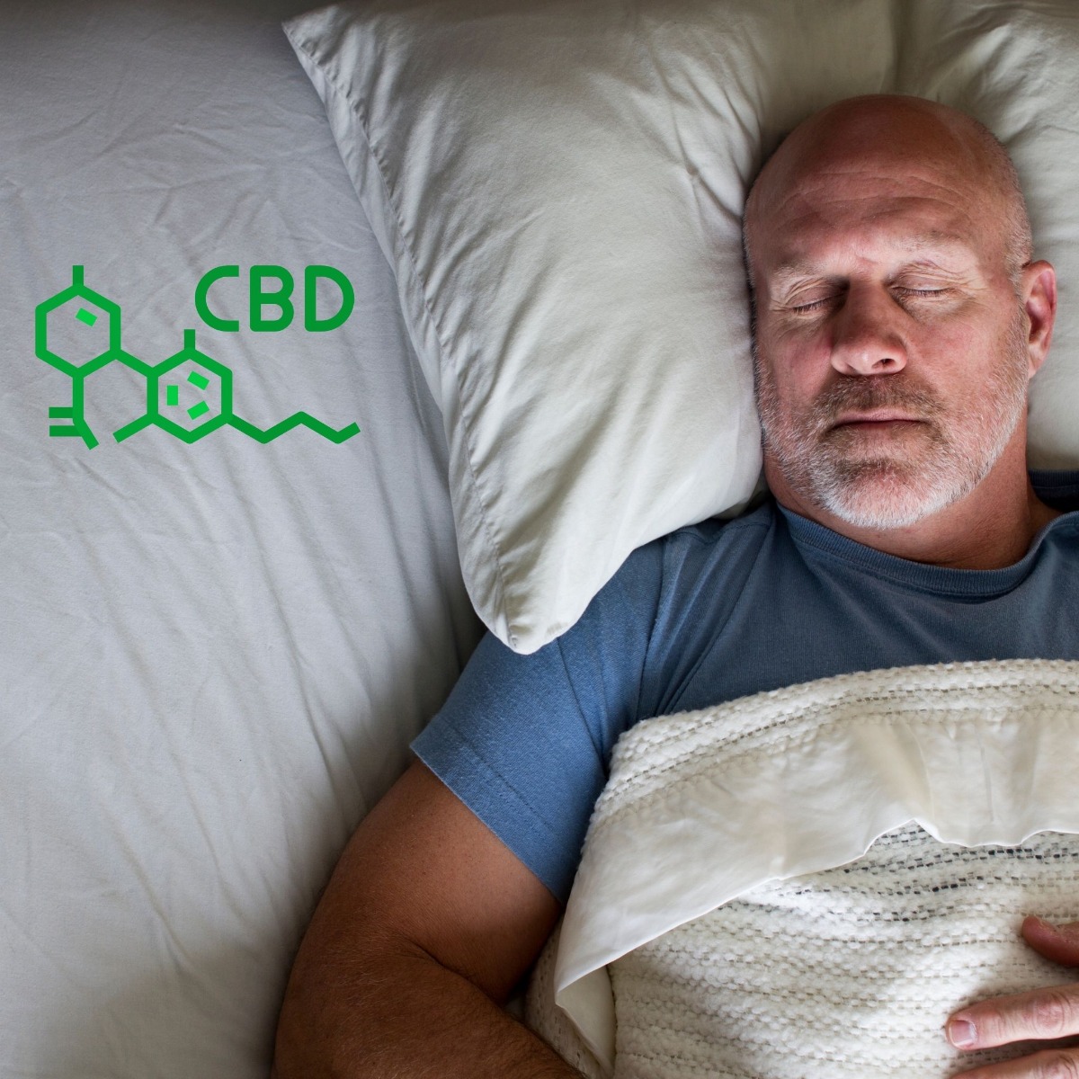 man sleeping in bed at night next to a cbd logo