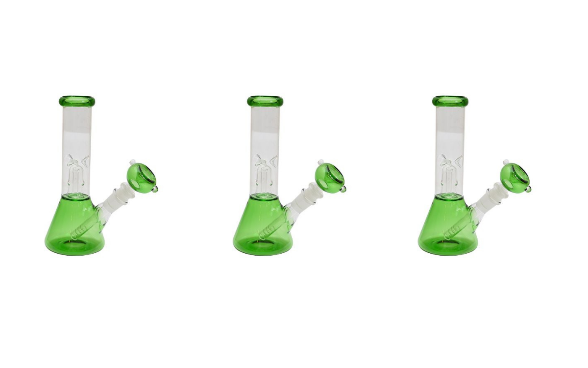 Green and white glass bong