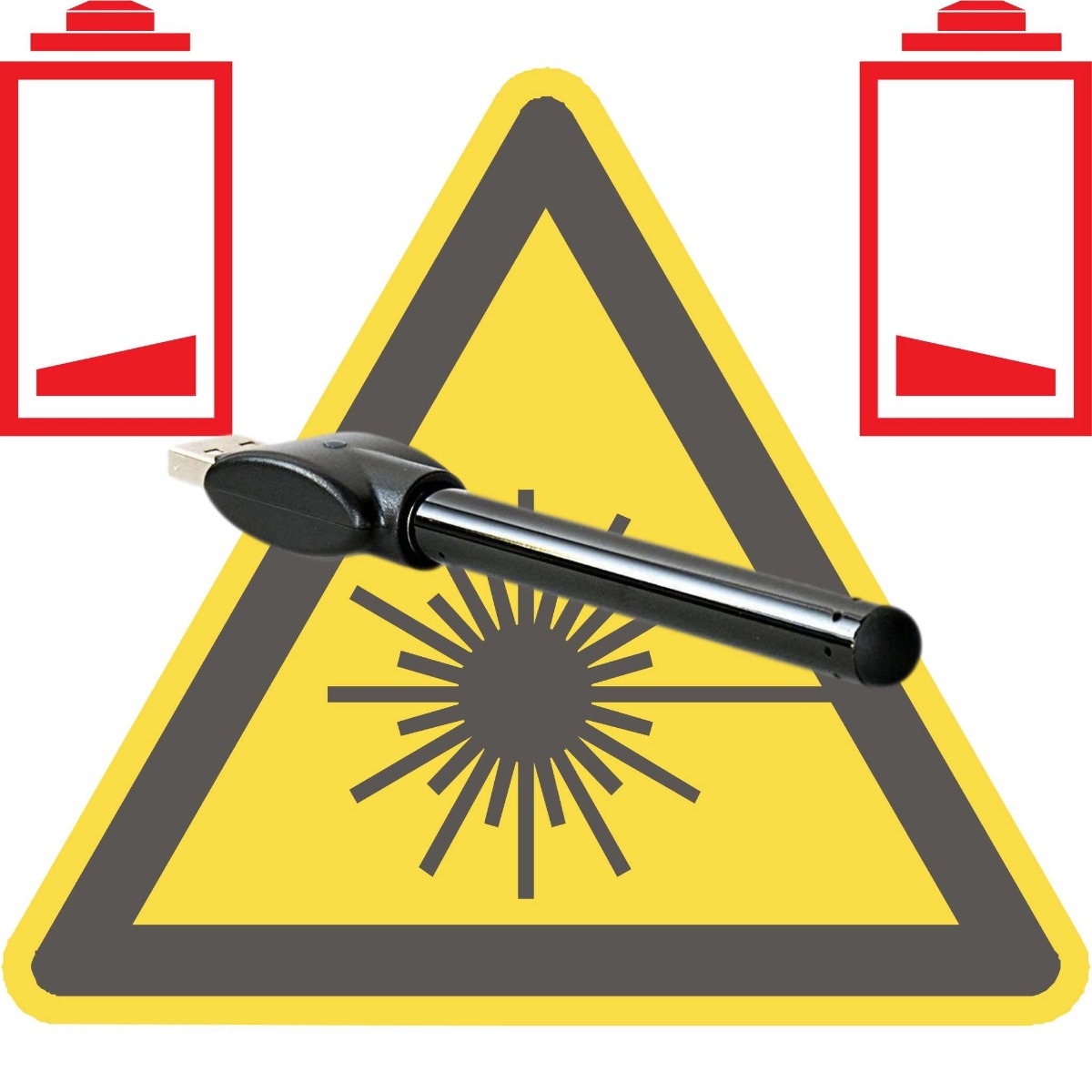 Vape battery with two low battery animations along with a yellow bad sign 