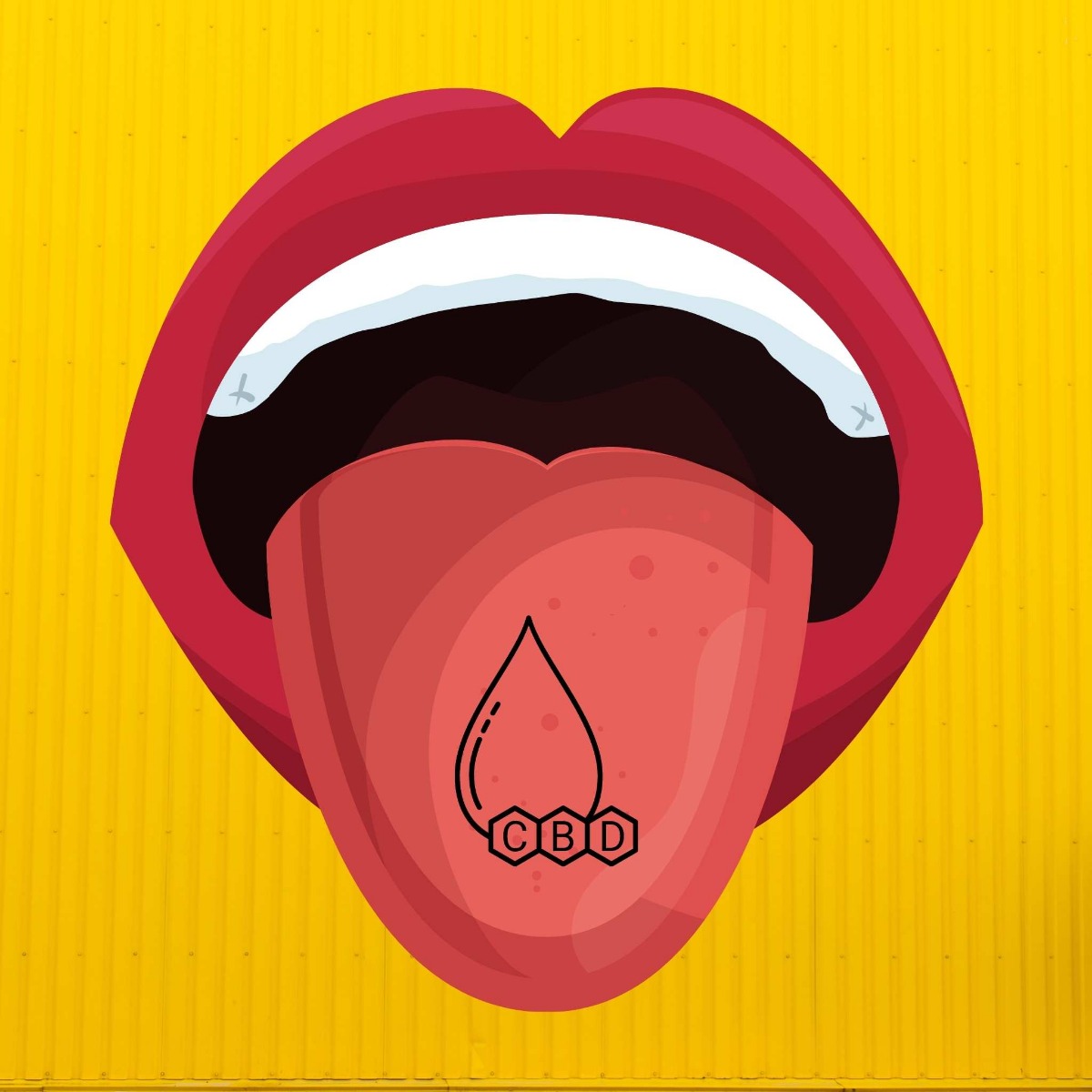 CBD on a tongue with yellow background 