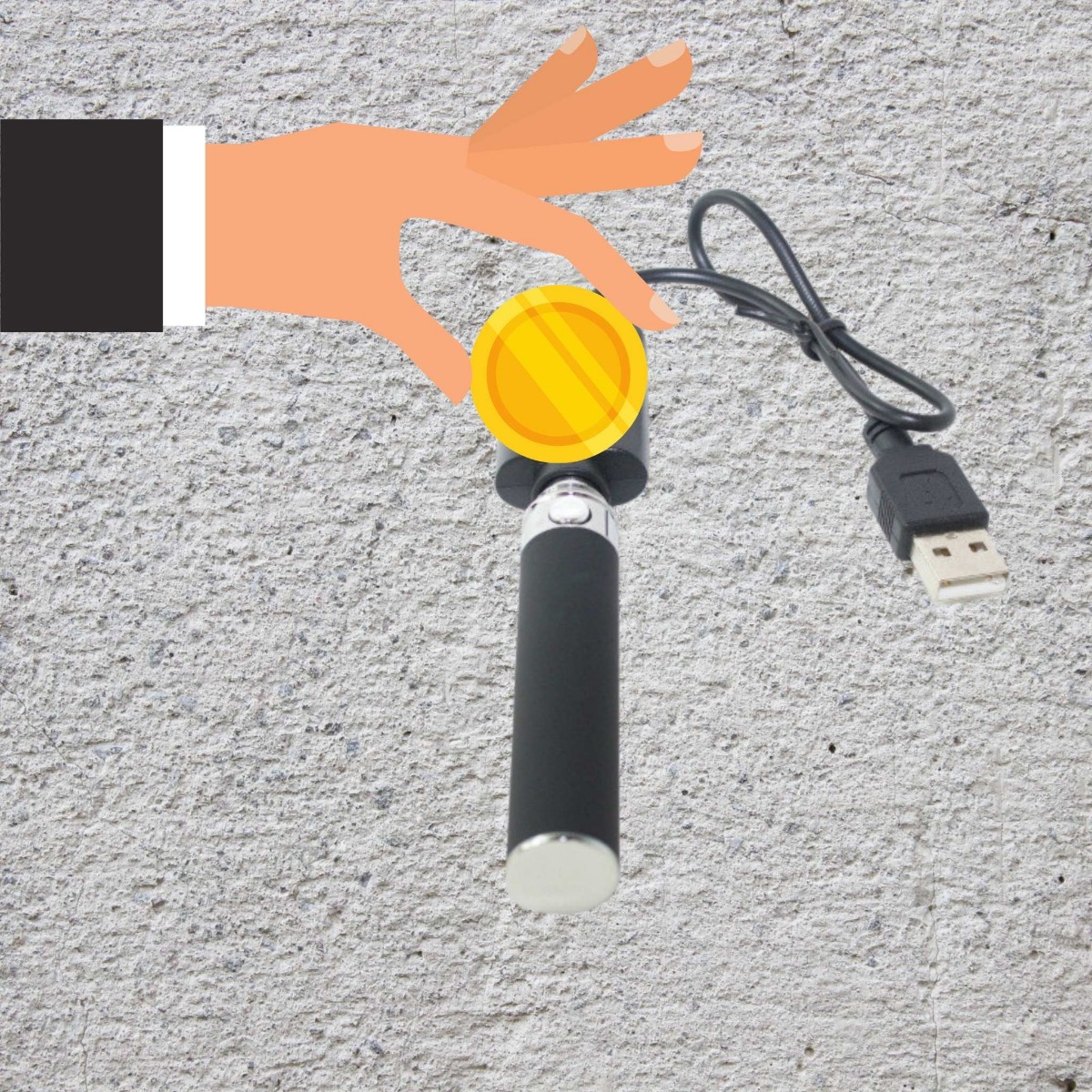 coin being placed onto a vaporizer with grey background