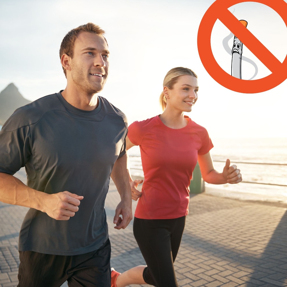 Young couple running on the beach quitting cigs 