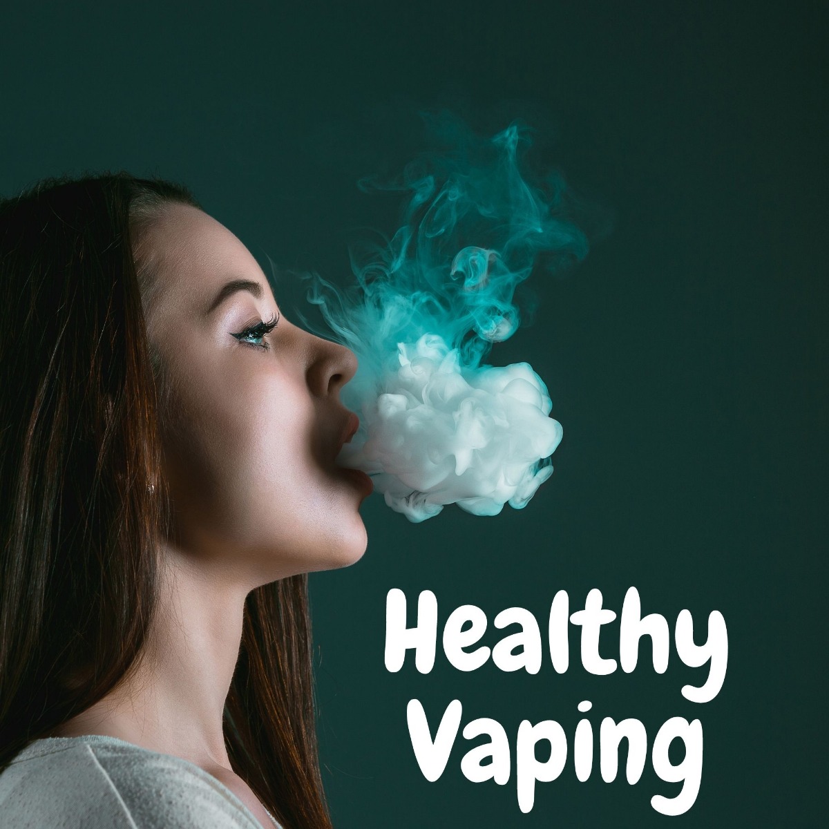 woman blowing a puff of smoke with text saying healthy living 