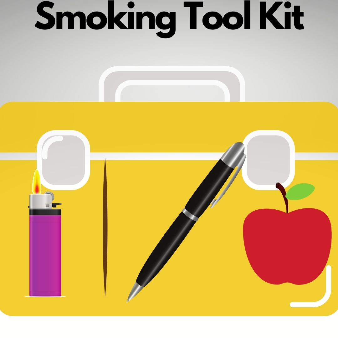 Tool box with a lighter, tooth pick and apple in grey background